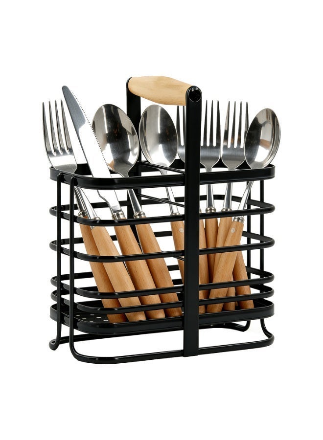 Laoybho Metal Utensil Holder with Wooden Handle, Stainless Steel Utensil Drying Rack for Kitchen Counter Cutlery Organizer Flatware Holder for Forks Knives Spoons Chopsticks Kitchen Accessories- Black - Image 1