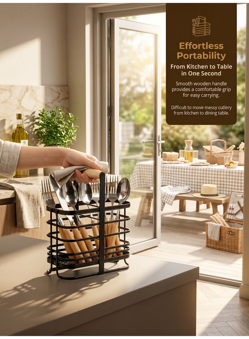 Laoybho Metal Utensil Holder with Wooden Handle, Stainless Steel Utensil Drying Rack for Kitchen Counter Cutlery Organizer Flatware Holder for Forks Knives Spoons Chopsticks Kitchen Accessories- Black - Image 4