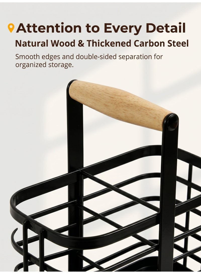 Laoybho Metal Utensil Holder with Wooden Handle, Stainless Steel Utensil Drying Rack for Kitchen Counter Cutlery Organizer Flatware Holder for Forks Knives Spoons Chopsticks Kitchen Accessories- Black - Image 5