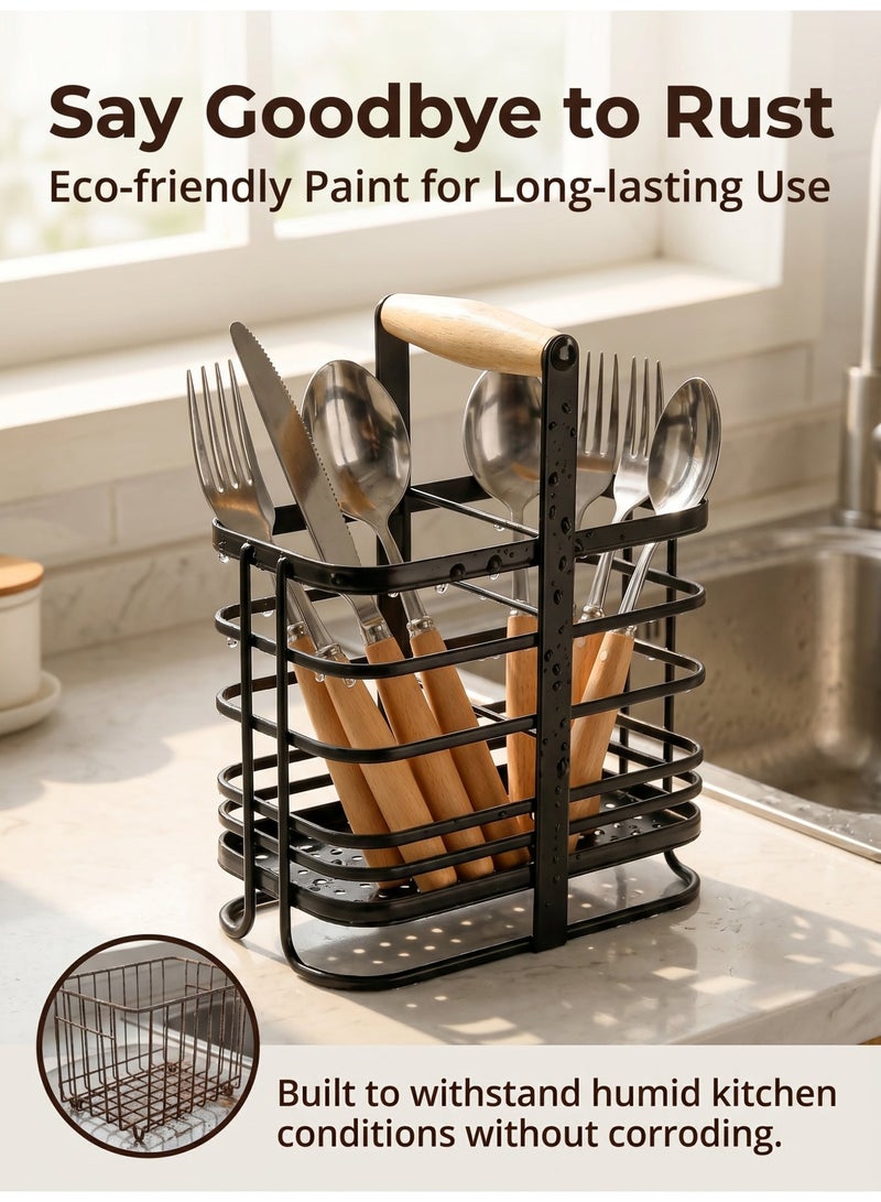Laoybho Metal Utensil Holder with Wooden Handle, Stainless Steel Utensil Drying Rack for Kitchen Counter Cutlery Organizer Flatware Holder for Forks Knives Spoons Chopsticks Kitchen Accessories- Black - Image 2