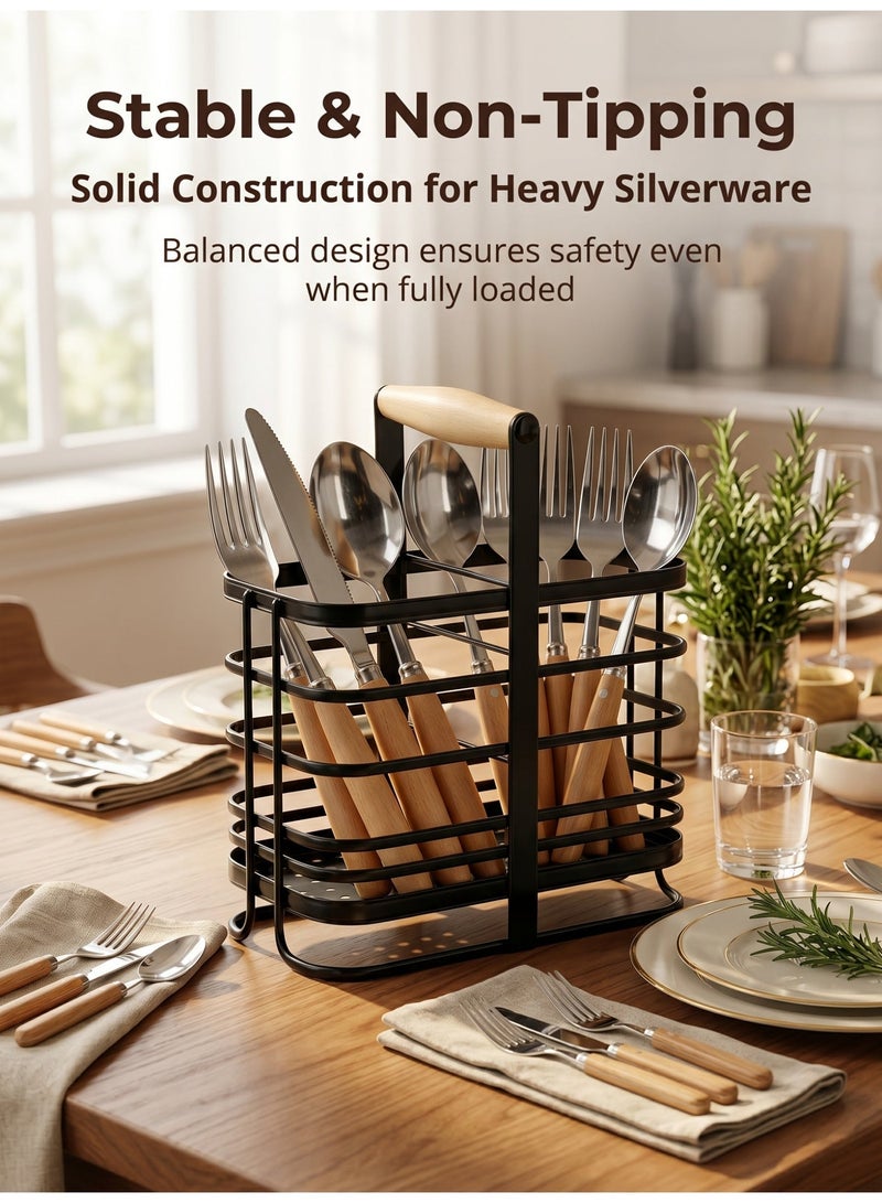 Laoybho Metal Utensil Holder with Wooden Handle, Stainless Steel Utensil Drying Rack for Kitchen Counter Cutlery Organizer Flatware Holder for Forks Knives Spoons Chopsticks Kitchen Accessories- Black - Image 3
