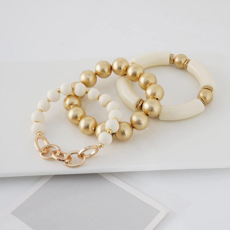 LALAPPLE Gold Plated Beaded Acrylic Bamboo Tube Bangle Bracelets for Women, Colorful Chunky Curved Tube With Gold Plated Pieces Beads Stretch Bracelet Friendship Summer Beach Jewelry - Image 2