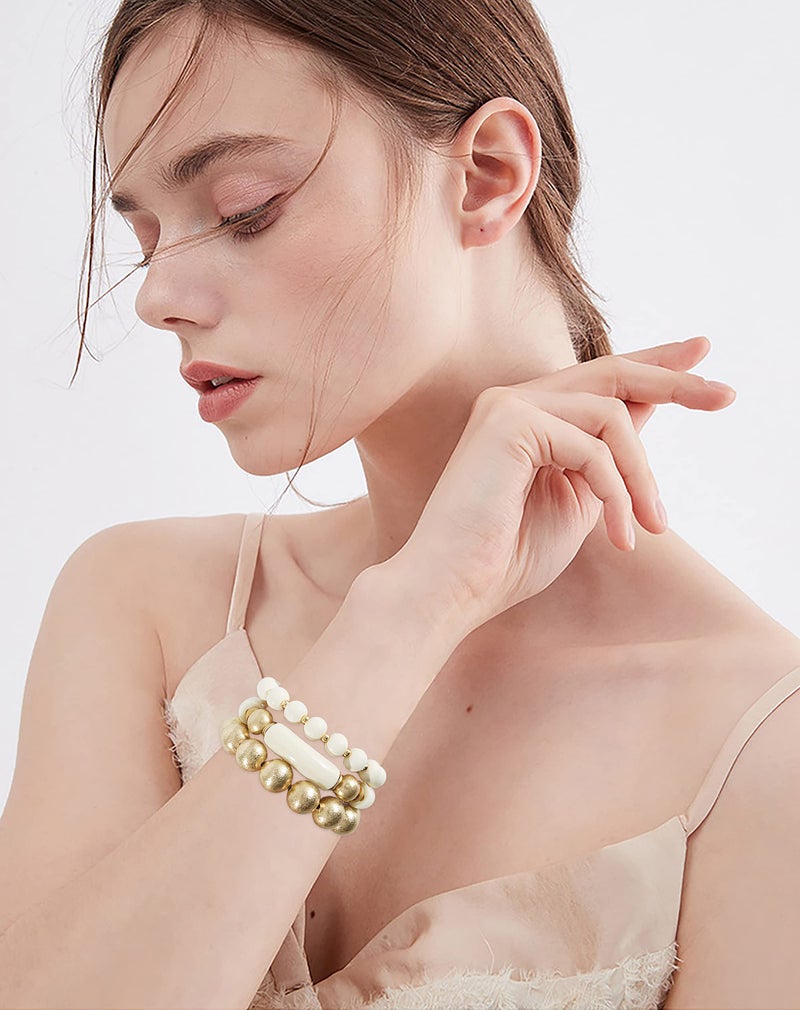 LALAPPLE Gold Plated Beaded Acrylic Bamboo Tube Bangle Bracelets for Women, Colorful Chunky Curved Tube With Gold Plated Pieces Beads Stretch Bracelet Friendship Summer Beach Jewelry - Image 5