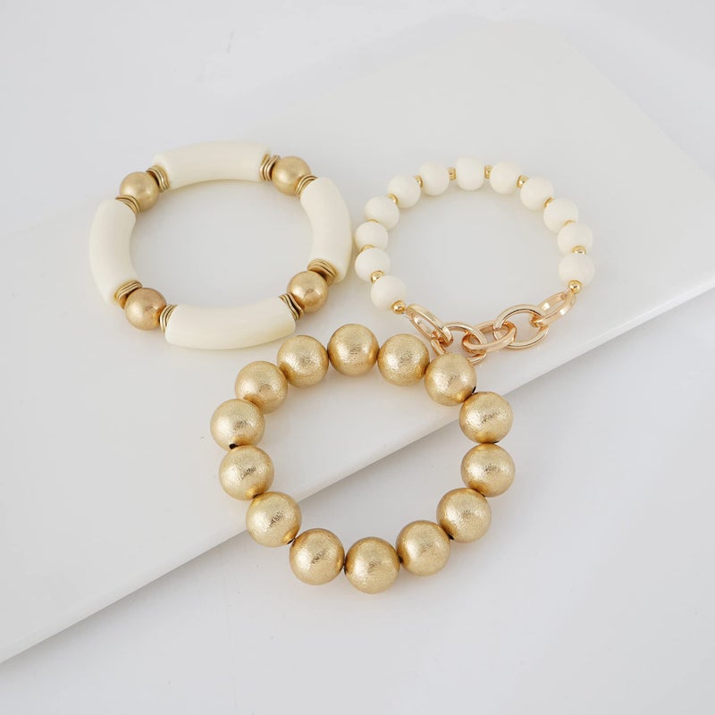 LALAPPLE Gold Plated Beaded Acrylic Bamboo Tube Bangle Bracelets for Women, Colorful Chunky Curved Tube With Gold Plated Pieces Beads Stretch Bracelet Friendship Summer Beach Jewelry - Image 3