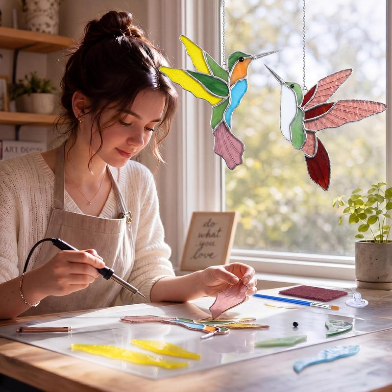 LemonRoad 2 Sets Unfinished Pre Cut Stained Glass Kits for Adult DIY Stained Glass Craft with Solder Wire, Flux Brush for Home Birthday Party Decor (Cute Hummingbird) - Image 3