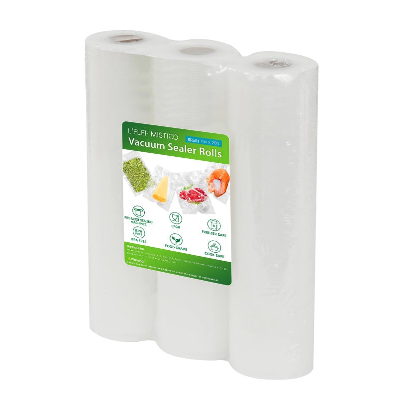 L'ELEF MISTICO Vacuum Sealer Bags for Food, 11''X20' (3 Rolls) BPA Free Food Saver Bags for Sealer, Customized Size Vacuum Storage Bags for Sous Vide or Meal Prep - Image 1