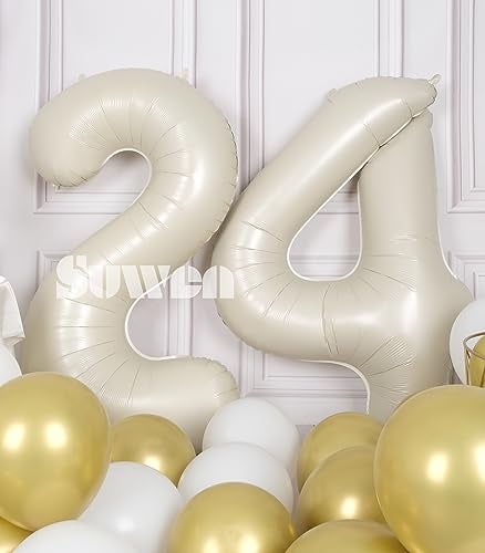 SUWEN 40 Inch Large Cream White 24 Number Balloons Big Foil Helium Number Balloons 09 Jumbo Happy 24th Mylar Birthday Party Decorations for Women or Men 42 Anniversary Party Supplies - Image 5