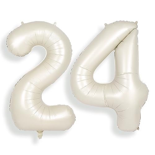 SUWEN 40 Inch Large Cream White 24 Number Balloons Big Foil Helium Number Balloons 09 Jumbo Happy 24th Mylar Birthday Party Decorations for Women or Men 42 Anniversary Party Supplies - Image 1