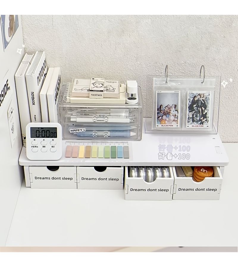 White Lift Frame Desktop Computer Stand with Storage Box Desk Organizer for Students Suitable for Monitors and Laptops - Image 1