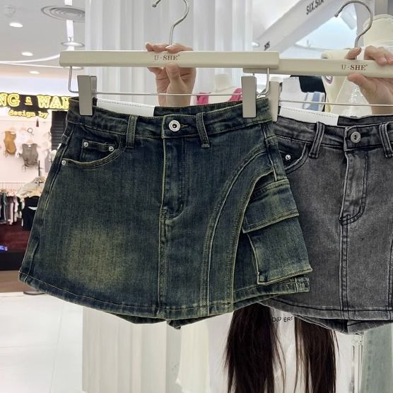 2024 Denim Skirt High Waist Slimming Retro A-line Mini Nostalgic Blue Pants