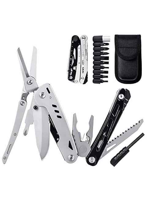 Multitool Pocket Knife, Multitool Pocket Tool, Tactical Multi Tool Set with Pliers, Folding Knife, Scissors, Bottle Opener, Screwdriver Bits, Fire Starter, Strap Clip Bag, for Camping Hiking