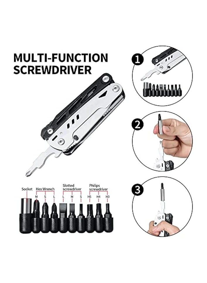 Traveler Multitool Pocket Knife, Multitool Pocket Tool, Tactical Multi Tool Set with Pliers, Folding Knife, Scissors, Bottle Opener, Screwdriver Bits, Fire Starter, Strap Clip Bag, for Camping Hiking  - Image 3