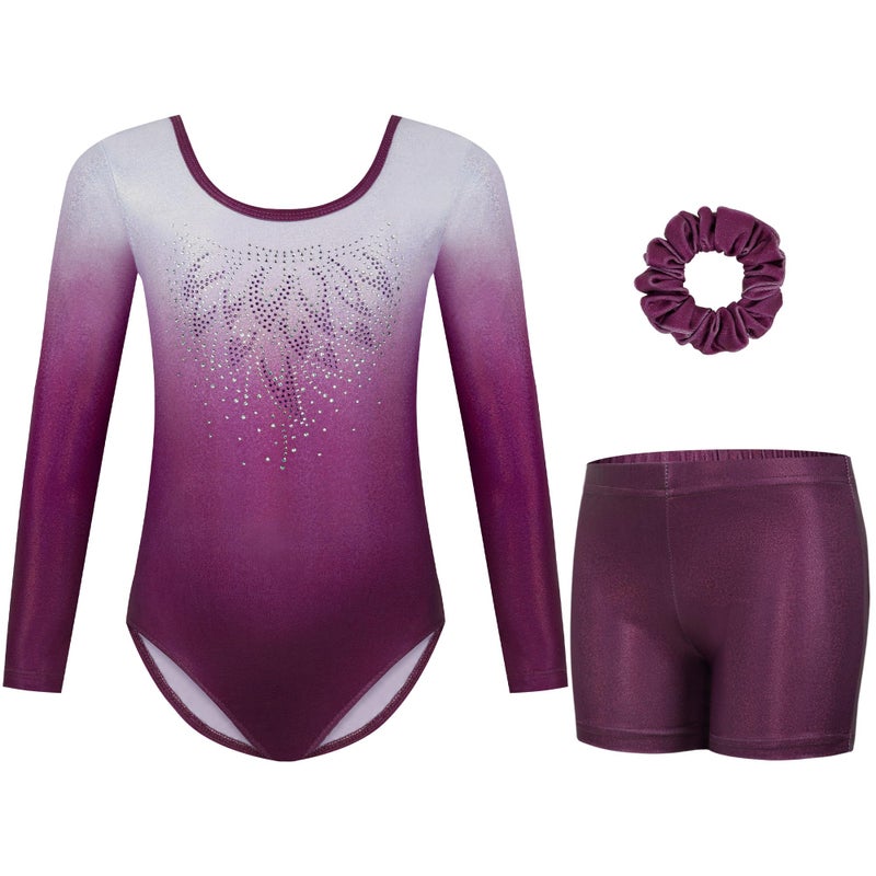 Gogokids Gymnastics Leotards for Girls Long Sleeve Sparkly Rhinestone Dance Unitards Biketards with Shorts, A-purple, 5-6 Years - Image 1