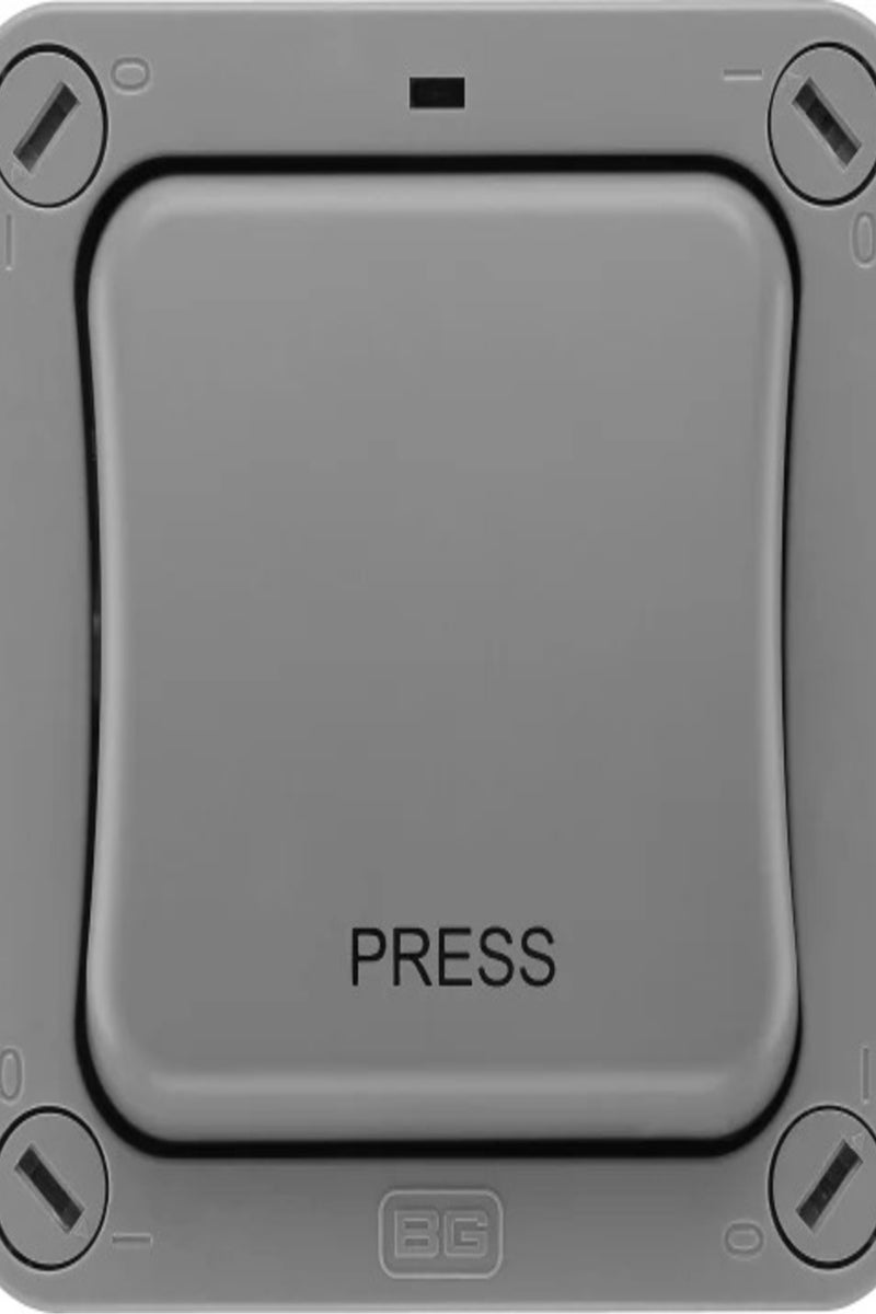 BG WP14 Nexus Storm | IP66 1 Gang 20A 20AX 2 Way Retractive Neon PRESS Switch