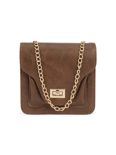 جلو باص حقيبة نسائية مربعة صغيرة من جلوبس بلون بني بنقشة مميزة وقفل ملتوي مع حزام سلسلة قابل للفصل