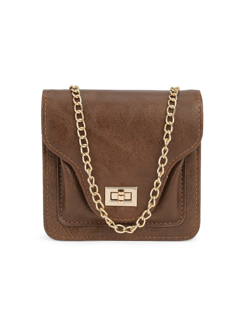 Globus Women Brown Textured Twistlock Small Square Party Sling Bag With Detachable Chain Strap