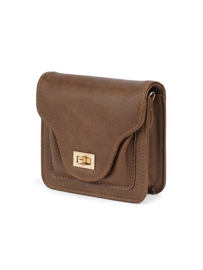 globus Globus Women Brown Textured Twistlock Small Square Party Sling Bag With Detachable Chain Strap