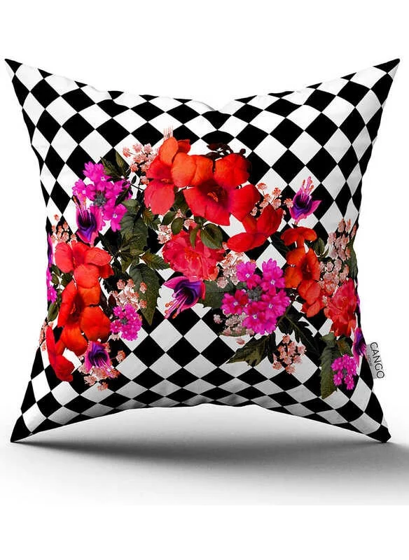 Cango Home Double Sided Black and White Checkered Floral Patterned Digital Printed Throw Pillow Cover CGH1107