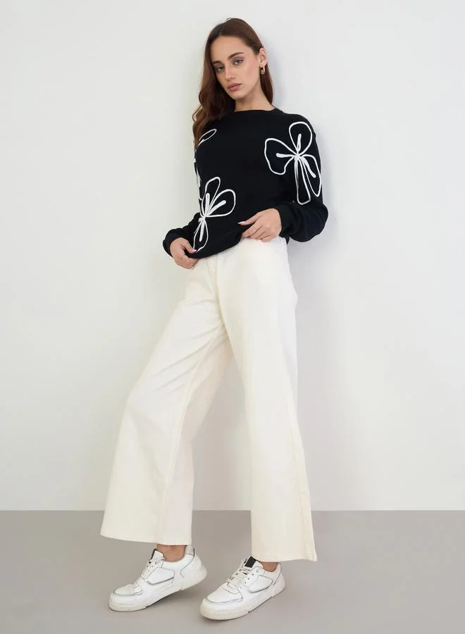 Styli Styli Black Embroidered Floral Regular Fit Sweater