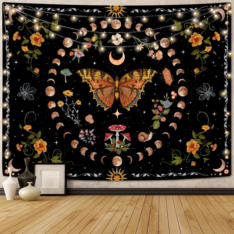 Aipon Orange Butterfly Moon Flower Tapestry Botanical Floral Plant Boho Tapestry for Bedroom Aesthetic Vintage Tapestries Wall Hanging for Living Room Dorm 3600 x 4800 Orange
