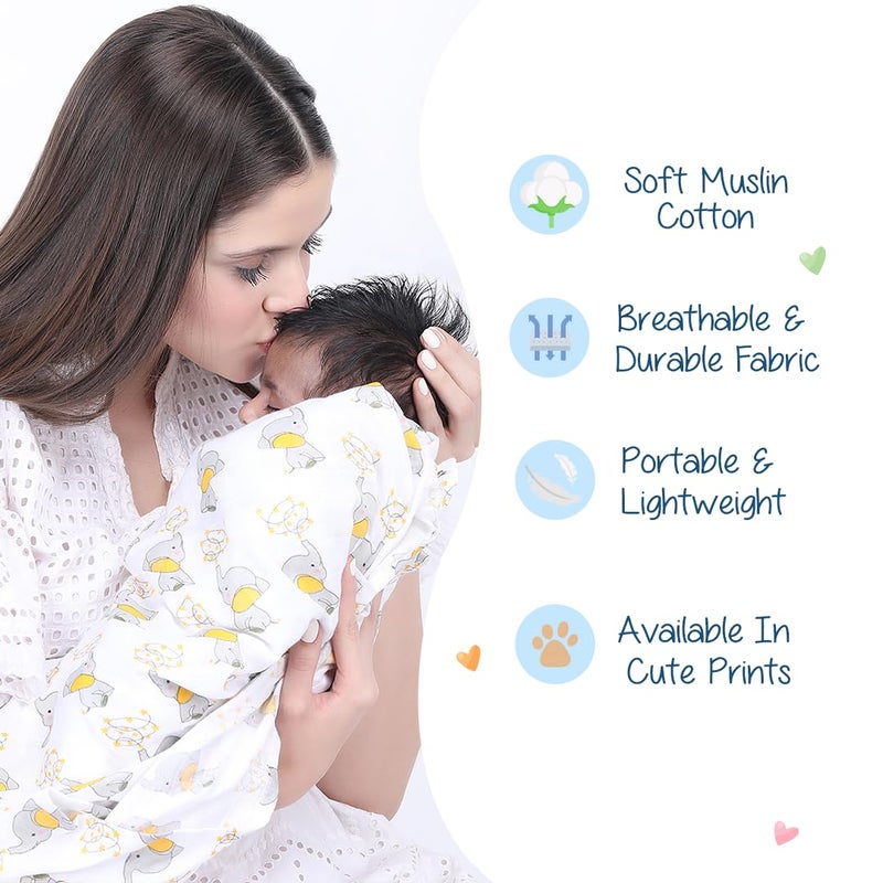 POLKA TOTS Muslin Cotton Swaddles - White - Baby Elephant & Multicolor Dots - Pack of 2 Swaddles - Image 4