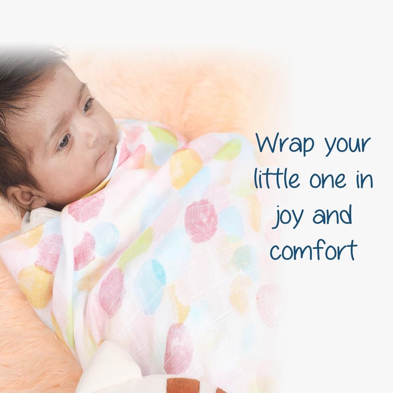 POLKA TOTS Muslin Cotton Swaddles - White - Baby Elephant & Multicolor Dots - Pack of 2 Swaddles - Image 2