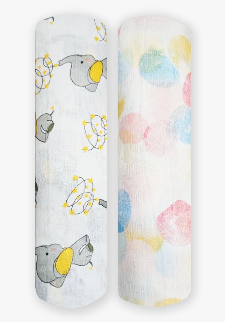 POLKA TOTS Muslin Cotton Swaddles - White - Baby Elephant & Multicolor Dots - Pack of 2 Swaddles - Image 1