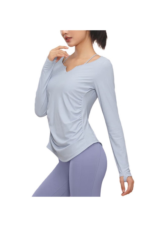 VFU Women'S Quick-Dry Yoga Top, Running Fitness Workout Long Sleeve Sweatshirt, Pilates Training Top, Blue Wind Chime, Size S - Image 3