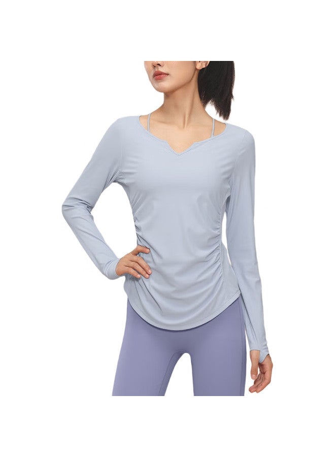 VFU Women'S Quick-Dry Yoga Top, Running Fitness Workout Long Sleeve Sweatshirt, Pilates Training Top, Blue Wind Chime, Size S - Image 1