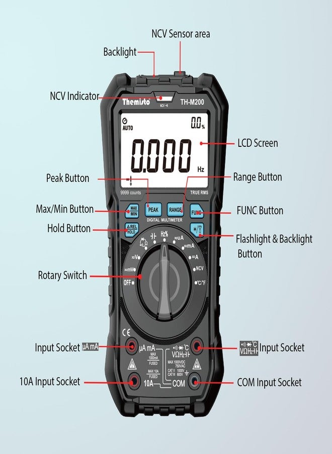 Themisto TH-M200 AC/DC Current, True RMS Digital Multimeter | 9999 Counts |10A | Black - Image 5