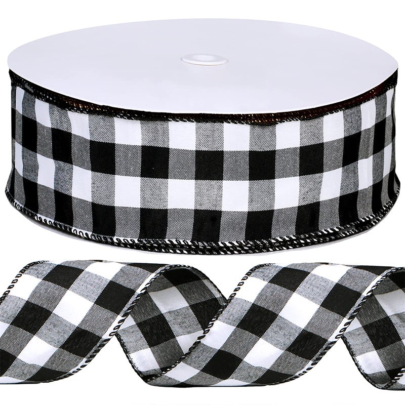 Winlyn 50 Yards Black and White Buffalo Check Plaid Wired Ribbon Gingham Ribbon 25 Wide for Christmas Tree Wreath Bows Festive Farmhouse Decoration Gift Wrapping Crafts Floral Arrangement