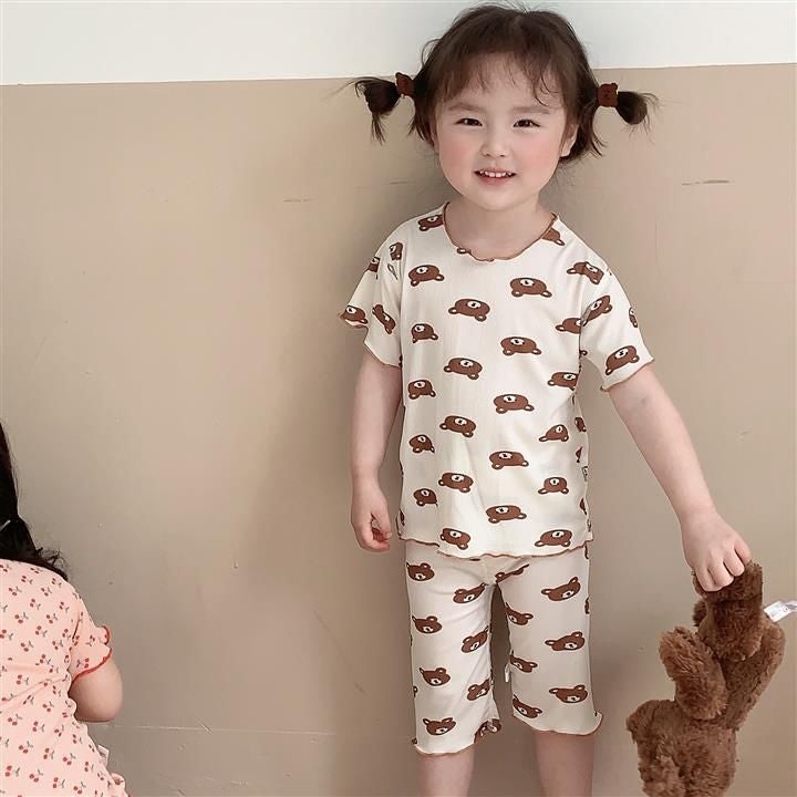 Girls Summer Silky Pajama Set Sweet Floral Cute bear head 
