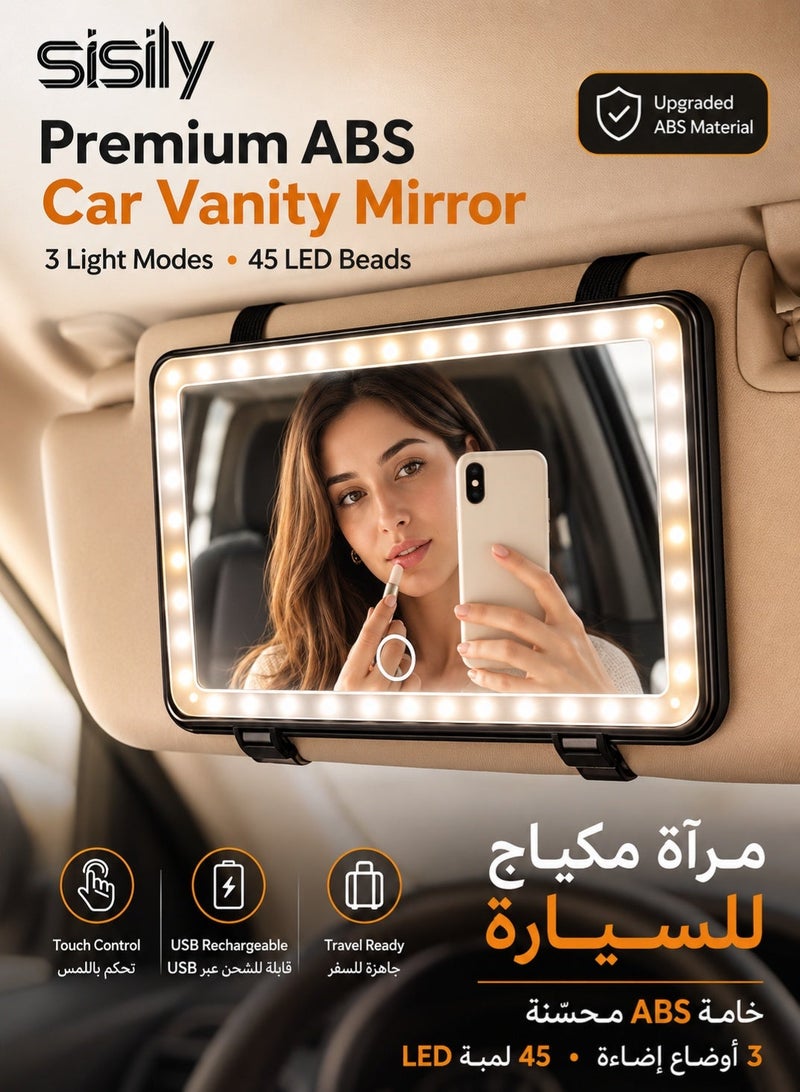 Sisily Car Vanity Mirror With 3 Light Modes, 45 LED Beads, USB Rechargeable High Quality ABS Sun Visor Makeup Mirror, 24.2 x 12 x 1.5 cm For Women Travel Daily Driving - Image 1