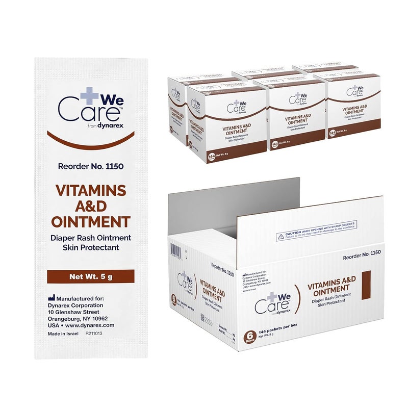 Dynarex Dynarex Vitamins A & D Ointment, Ointment with Vitamin A and Vitamin D Skin Protectant, for Diaper Rash and Discomfort, White, 6 Boxes of 144, 5g Packets