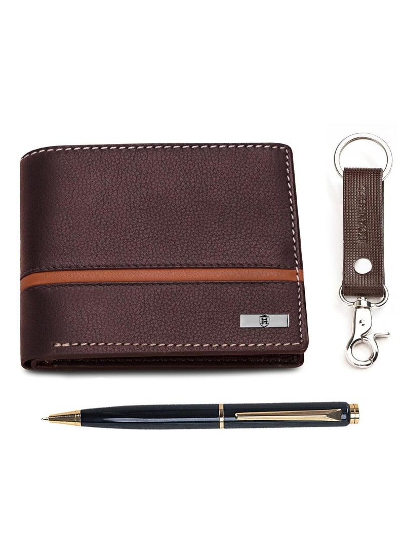 HORNBULL Mens Leather Purse Combo Gift Set | Leather Wallet, Key Ring & Pen Combo Valentine Gift Hamper - Image 1