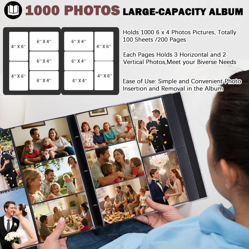 Ruibytree Extra Large Capacity Photo Album 4x6 1000 Pockets, Linen Cover and Front Window,Holds 1000 4x6 Horizontal and Vertical Photos,4 x 6 Picture Book for Family Wedding Anniversary Vacation (Grey) - Image 4