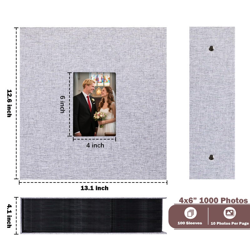 Ruibytree Extra Large Capacity Photo Album 4x6 1000 Pockets, Linen Cover and Front Window,Holds 1000 4x6 Horizontal and Vertical Photos,4 x 6 Picture Book for Family Wedding Anniversary Vacation (Grey) - Image 5