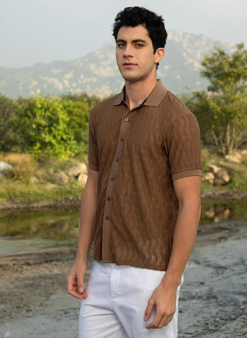Campus Sutra Men's Chocolate Brown Swirl-Knit Polo Shirt