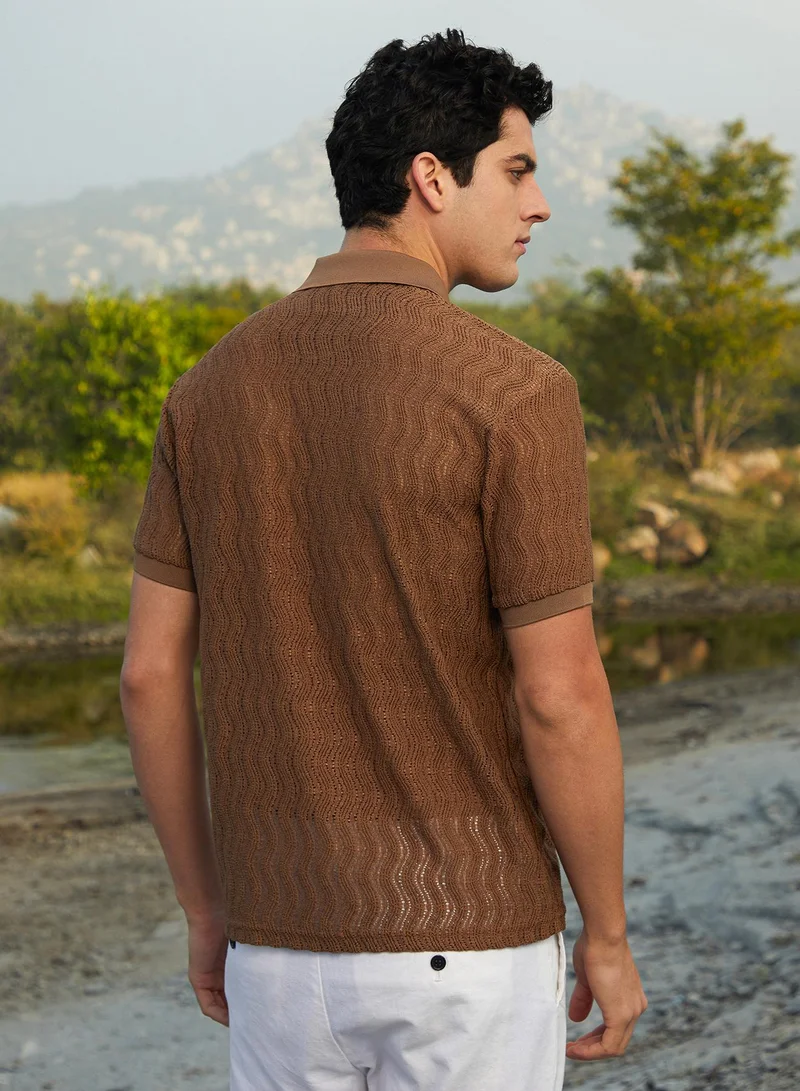 Campus Sutra Men's Chocolate Brown Swirl-Knit Polo Shirt