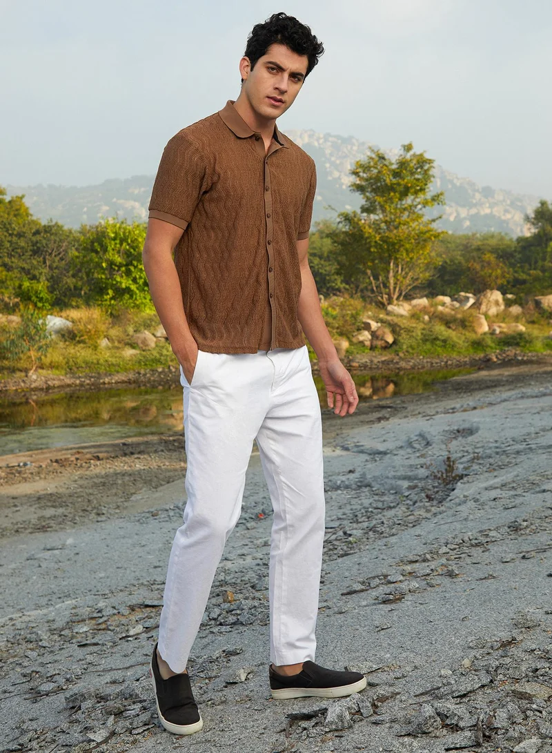 Campus Sutra Men's Chocolate Brown Swirl-Knit Polo Shirt