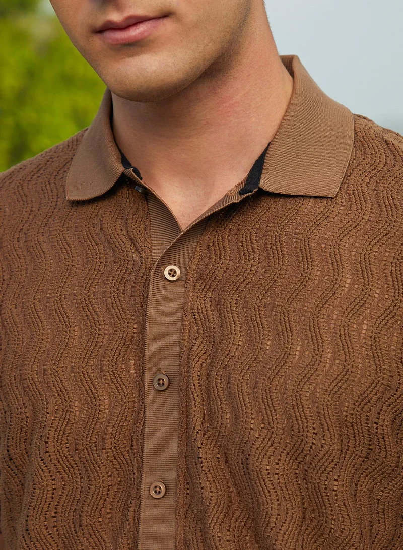 Campus Sutra Men's Chocolate Brown Swirl-Knit Polo Shirt