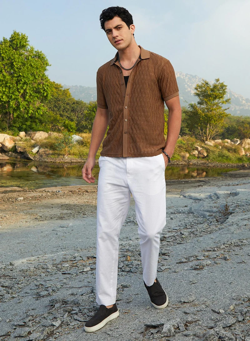 Campus Sutra Men's Chocolate Brown Swirl-Knit Polo Shirt