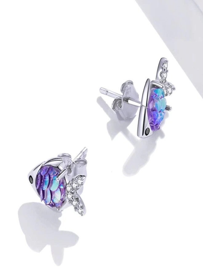 Qings Cute Fish Earrings - Sterling Silver 925 Stud Earrings Cubic Zirconia Purple Dainty Earrings Happy Fish Studs for Women - Image 2