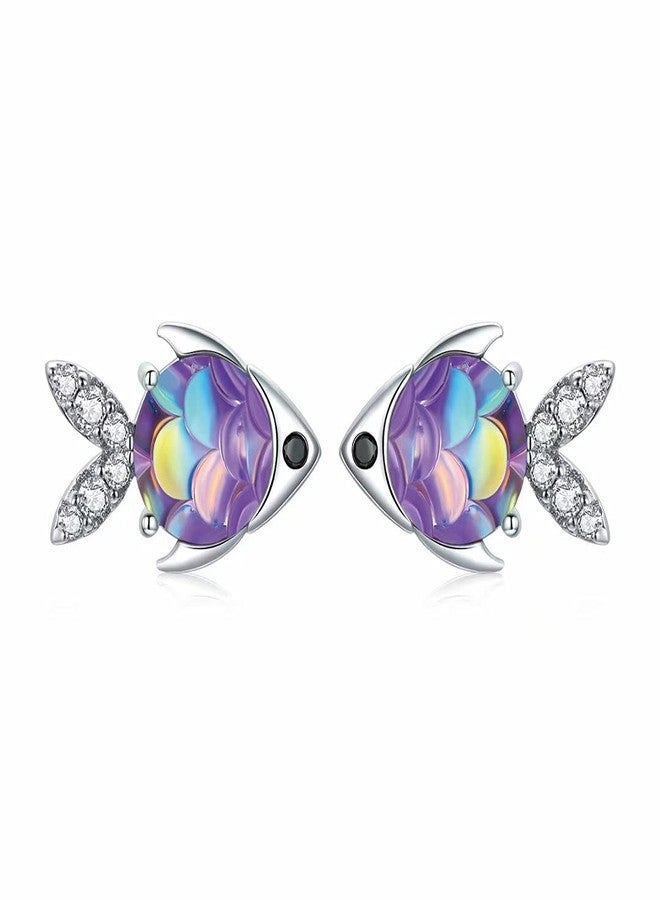Qings Cute Fish Earrings - Sterling Silver 925 Stud Earrings Cubic Zirconia Purple Dainty Earrings Happy Fish Studs for Women - Image 1