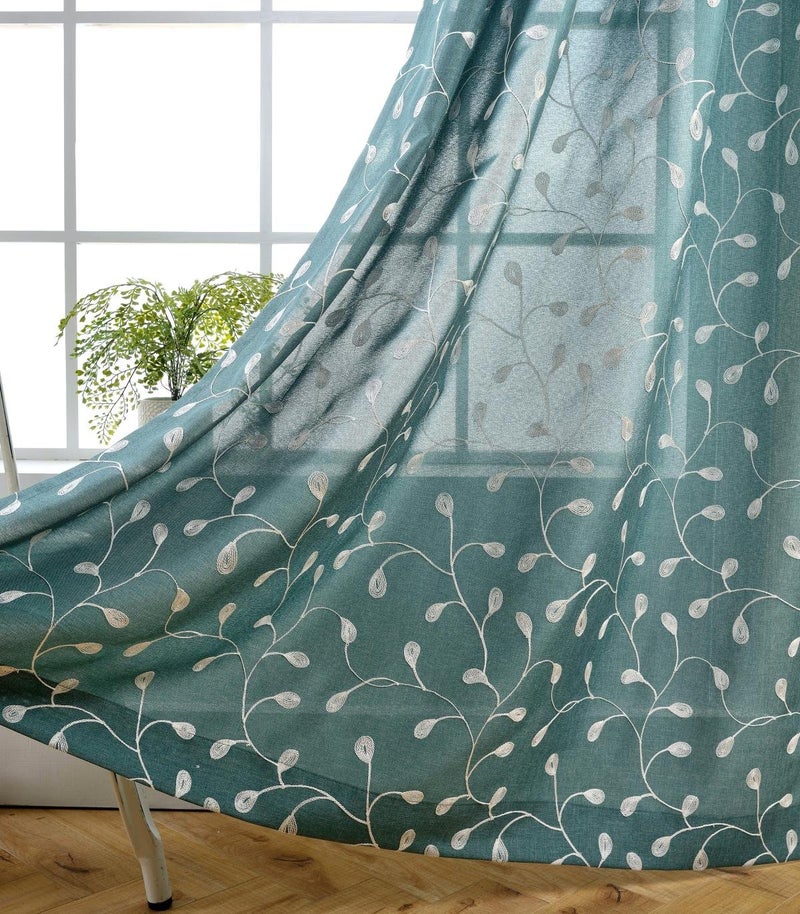 MIUCO Floral Embroidered Semi Sheer Curtains Faux Linen Grommet Window Panel Pair for Bedroom 52 x 63 Inch Teal - Image 1