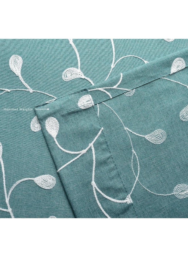 MIUCO Floral Embroidered Semi Sheer Curtains Faux Linen Grommet Window Panel Pair for Bedroom 52 x 63 Inch Teal - Image 5