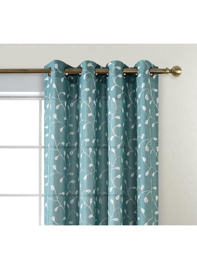 MIUCO Floral Embroidered Semi Sheer Curtains Faux Linen Grommet Window Panel Pair for Bedroom 52 x 63 Inch Teal - Image 3