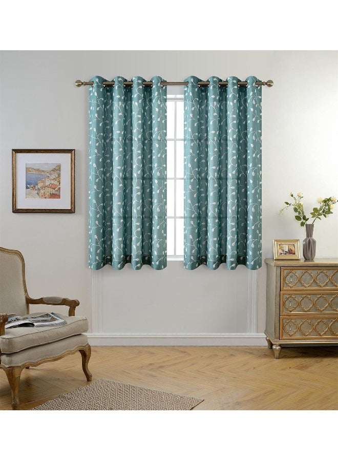 MIUCO Floral Embroidered Semi Sheer Curtains Faux Linen Grommet Window Panel Pair for Bedroom 52 x 63 Inch Teal - Image 2
