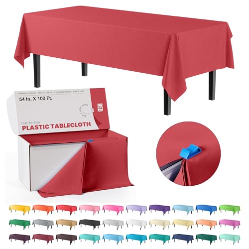 Party Solids Exquisite Party Solids 54 Inch X 100 Feet Red Plastic Table Cover Roll in A Cut  to  Size Box with Convenient Slide Cutter Cuts Up to 12 Rectangle 8 Feet Plastic Disposable Tablecloths