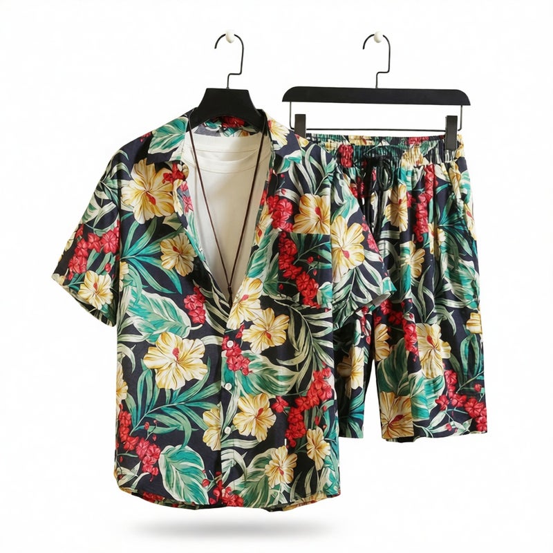 Mens Hawaiian Beach Short Sleeve Shirt and Shorts Set Casual Summer Outfit - Image 1
